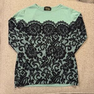 Bob Mackie - Wearable Art - Mint Green Black Lace - Print Sweater - XS-S